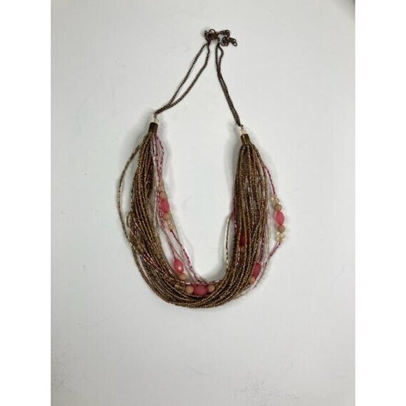 Beaded Necklace Multi Strand Twisted Seed Bead Pink Clear Gold Tone Statement - Picture 9 of 10